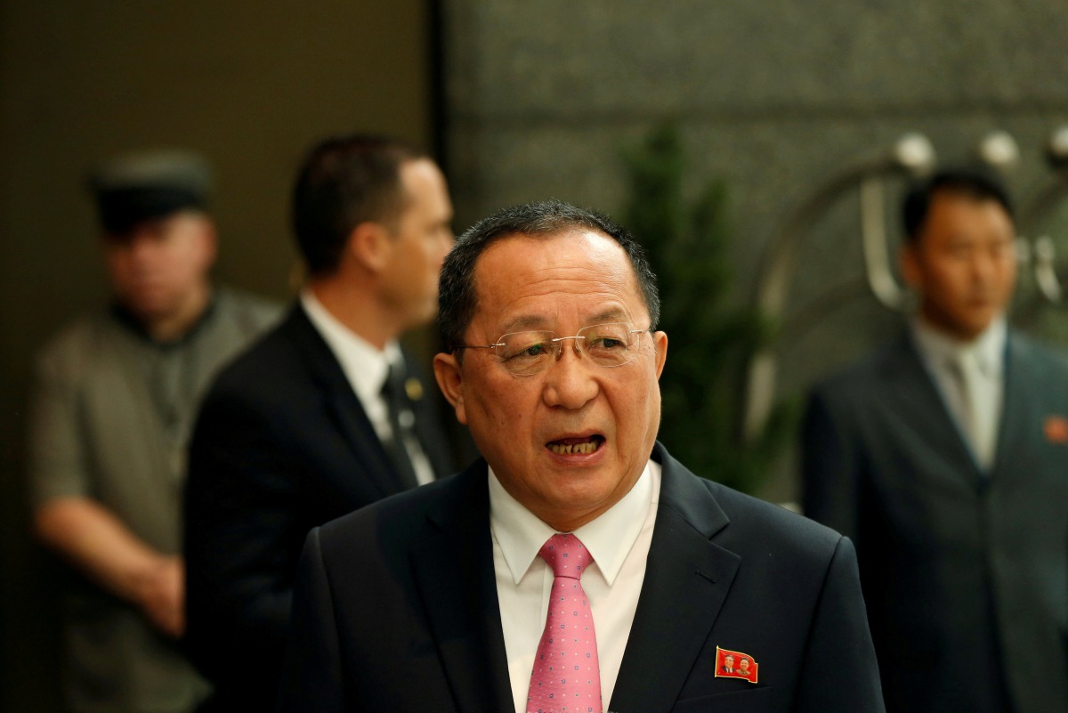 North Korean Foreign Minister Ri Yong-ho walks to speak to the media outside the Millennium hotel New York, U.S., September 25, 2017. REUTERS/Shannon Stapleton