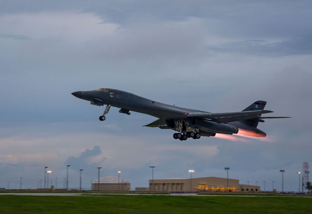 In this US Air Force image obtained from the US Defense Department, a US Air Force B-1B Lancers takes off from Andersen Air Force Base, Guam, to fly sequenced bilateral missions with two Japan Air Self-Defense Force (JASDF) F-15s and two Republic of Korea