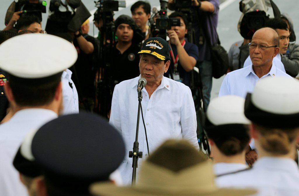 President Rodrigo Duterte speaks before members of the Australian Navy during a tour on board the the Royal Australian Navy (RAN) vessel, Her Majesty's Australian Ship (HMAS) Adelaide III upon arrival for a goodwill visit as part of the Australian Defence
