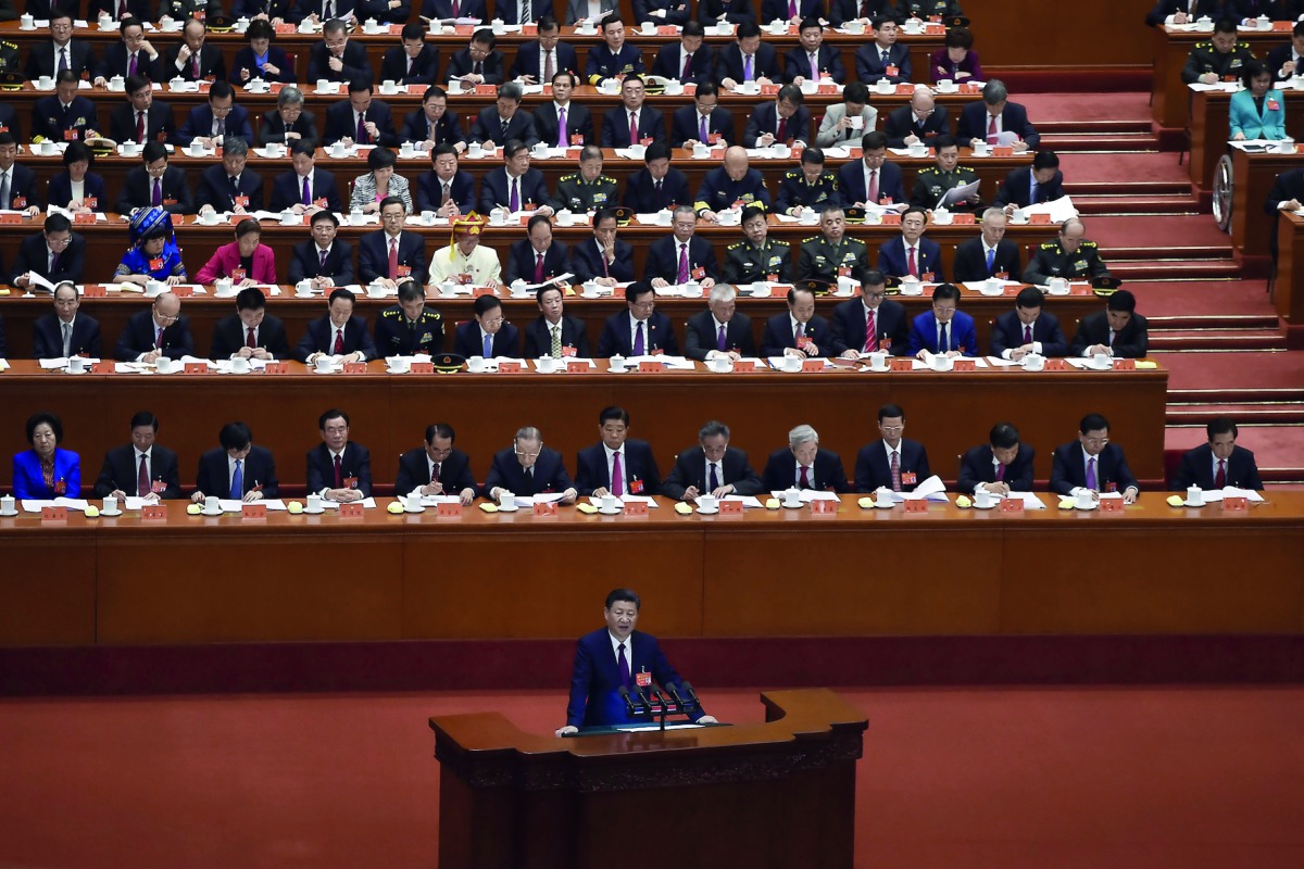China’s President Xi Jinping giving a speech at the opening session of the Chinese Communist Party’s five-yearly Congress at the Great Hall of the People in Beijing, yesterday.