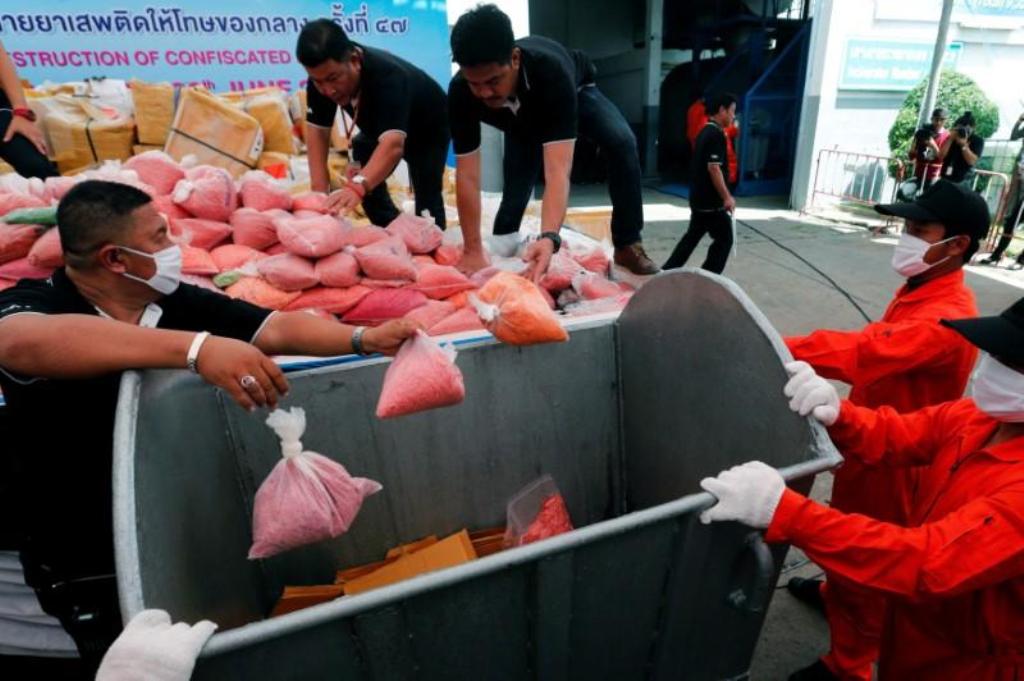 A file photo of the Thai officials disposing of bags of Methamphetamine pills.Reuters.