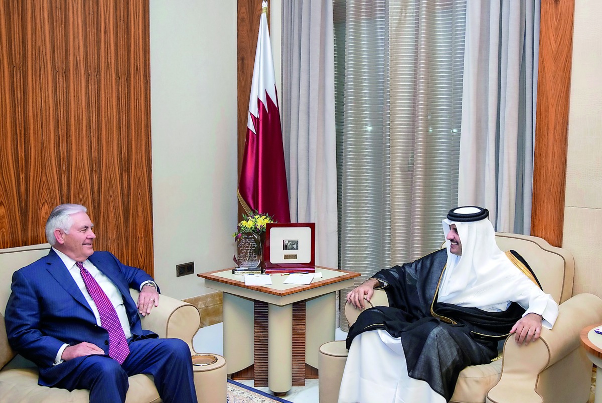Emir H H Sheikh Tamim bin Hamad Al Thani met with US Secretary of State Rex Tillerson and his accompanying delegation at Al Bahr Palace yesterday.