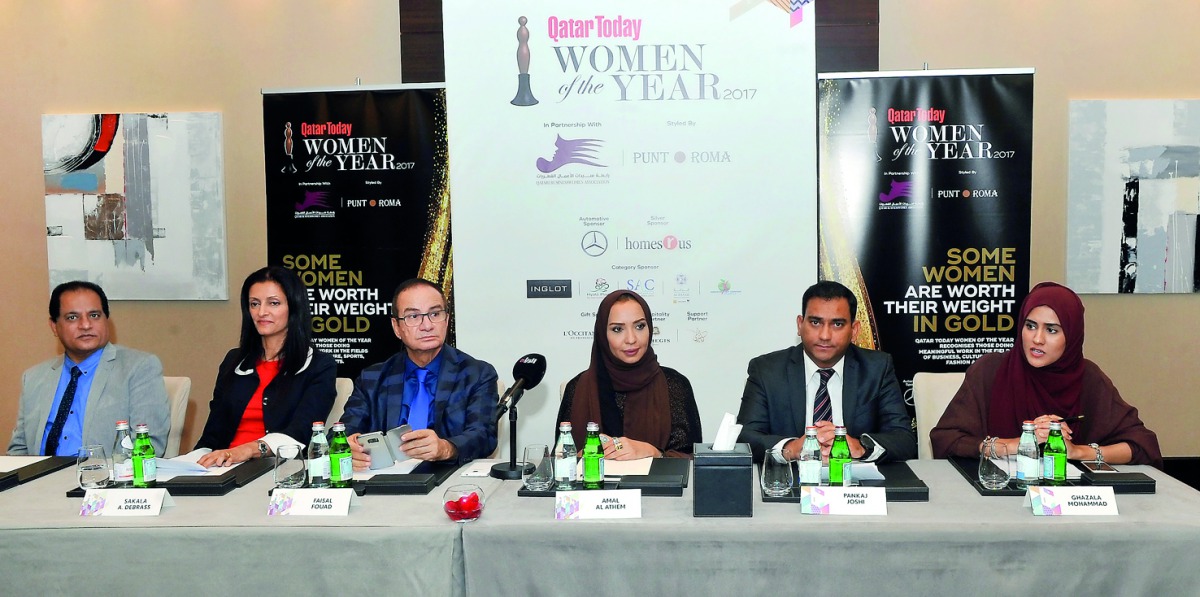 From Left: Ramesh Bulchandani, Sakala A Debrass, Faisal Fouad, Amal Al Athem, Pankaj Joshi, and Ghazala Mohammad at the First Edition of Qatar Today Women Of the Year press conference at the St Regis Hotel yesterday. Pic: Kammutty VP/ The Peninsula