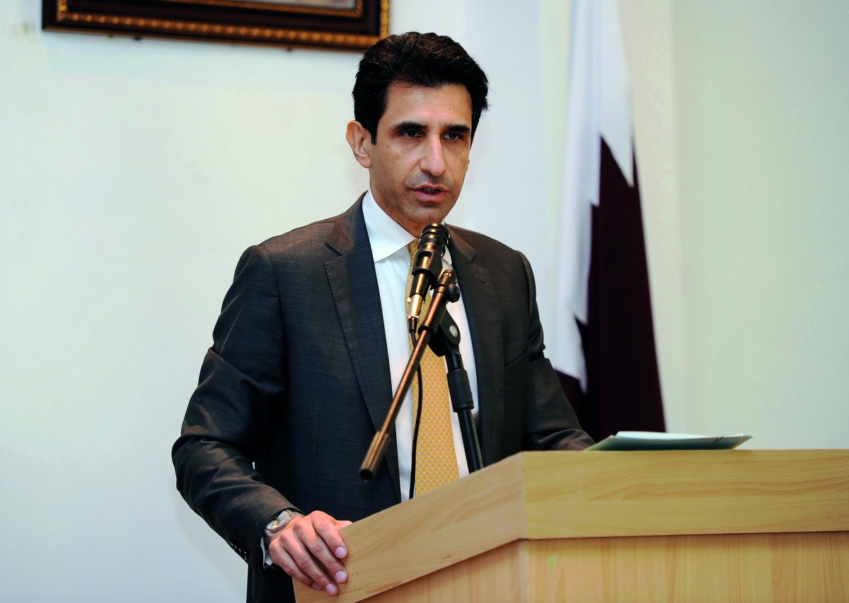 Pakistan Ambassador Shahzad Ahmad speaking during the Kashmir Solidarity Day in Doha, yesterday.