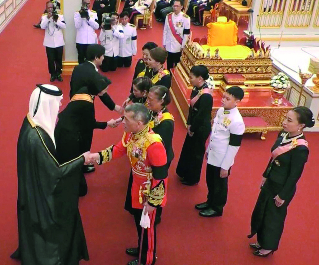 H E Sheikh Thani bin Hamad Al Thani conveying the condolences of the Emir H H Sheikh Tamim bin Hamad Al Thani and the Deputy Emir H H Sheikh Abdullah bin Hamad Al Thani to the King of Thailand Maha Vajiralongkorn and the royal family on the death of King 