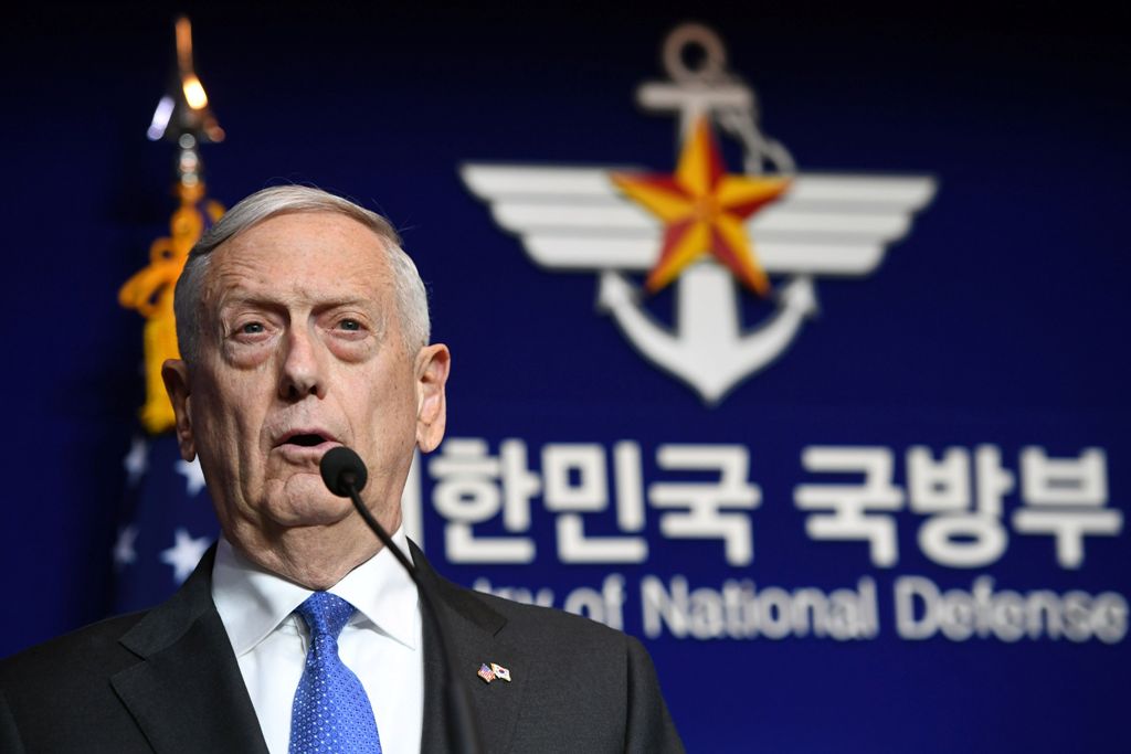 US Secretary of Defense Jim Mattis speaks during a joint press conference with South Korea's Defence Minister Song Young-Moo after the Security Consultative Meeting (SCM) at the Defence Ministry in Seoul on October 28, 2017. / AFP / pool / JUNG Yeon-Je
