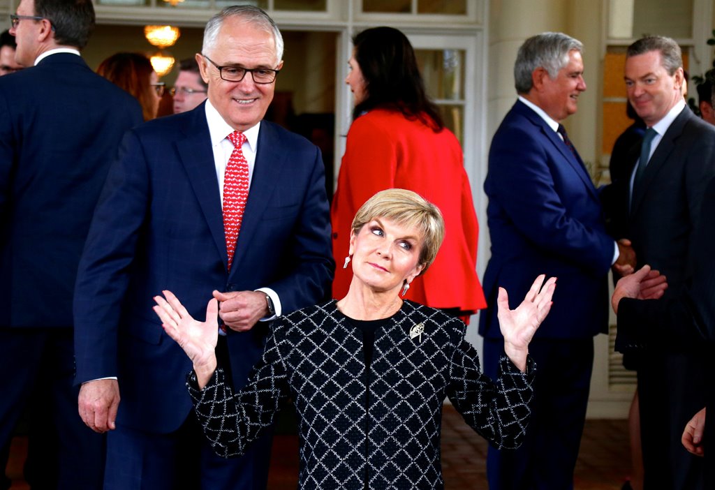 File photo: Australia's Prime Minister Malcolm Turnbull watches as Foreign Affairs Minister Julie Bishop reacts after an official ceremony for the swearing in of the federal government in Canberra, Australia, July 19, 2016. Reuters/David Gray/File Photo