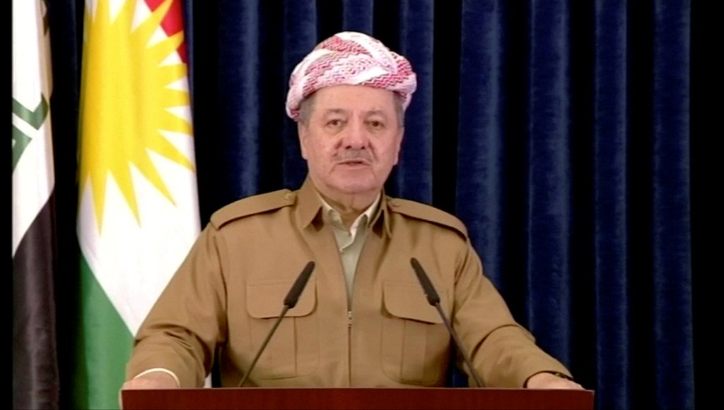 A still image taken from a video shows Kurdish President Masoud Barzani giving a televised speech in Erbil, Iraq, October 29, 2017. KURDISTAN 24 TV via REUTERS TV