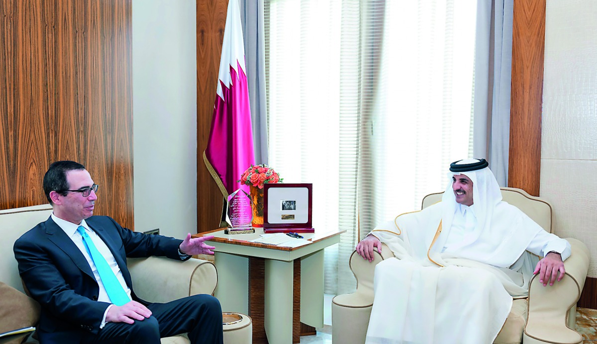 LEFT: Emir H H Sheikh Tamim bin Hamad Al Thani with US Secretary of the Treasury, Steven Terner Mnuchin. They reviewed bilateral relations and ways of developing and strengthening them in various fields, especially in economy and investment, as well as th