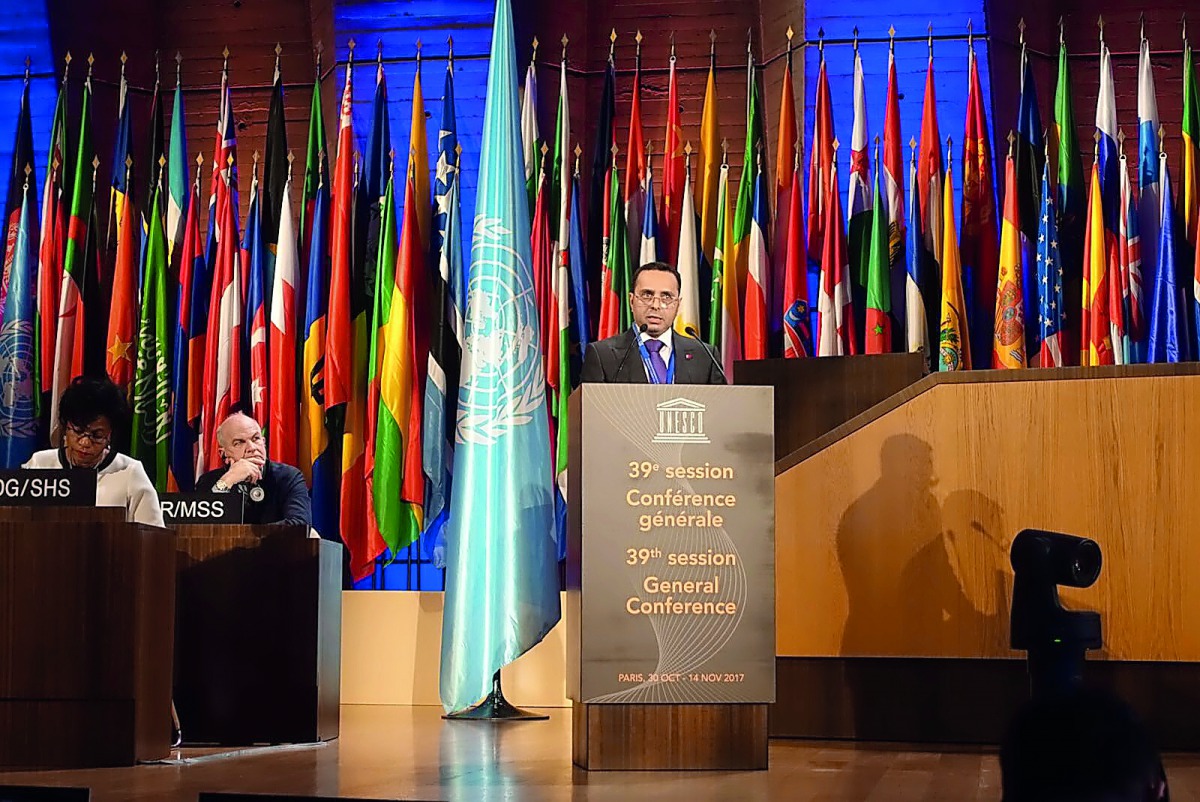 Minister of Education and Higher Education H E Dr Mohammed Abdul Wahed Ali Al Hammadi giving a speech at the 39th conference of Unesco, currently under way in Paris until November 14