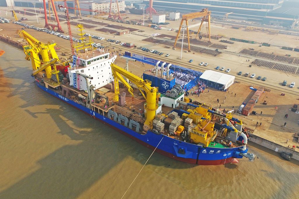 This photo taken on November 3, 2017 shows the ship 'Tian Kun Hao' being launched at a port in Qidong in China's eastern Jiangsu province. China OUT / AFP / STR