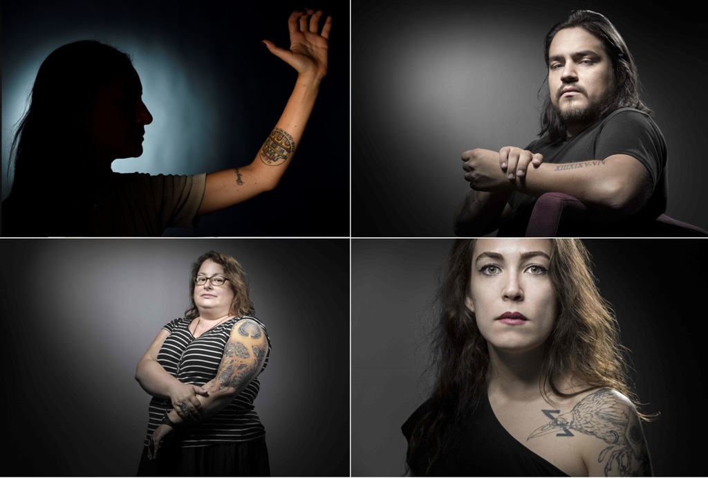 A combination file photo of (From top-L) Nahomy Beuchet, wounded at the concert hall, shows her tatoo representing Bataclan, the date 13-11-2015 and the words 