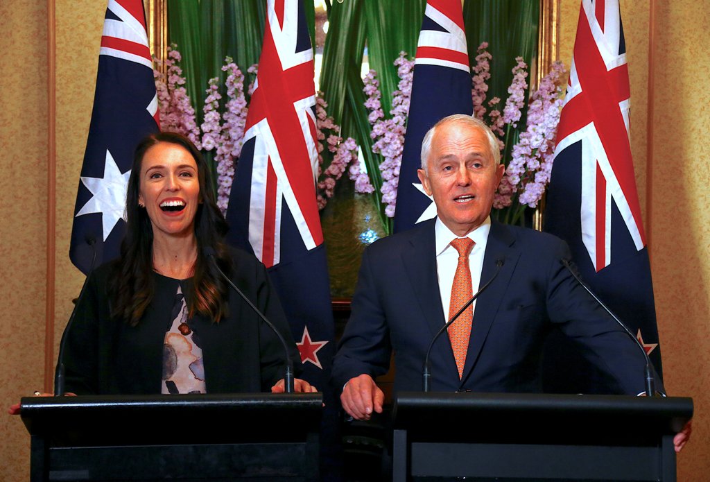 Australia's Prime Minister Malcolm Turnbull reacts with New Zealand Prime Minister Jacinda Ardern during a media conference in Sydney, Australia, November 5, 2017. REUTERS/David Gray