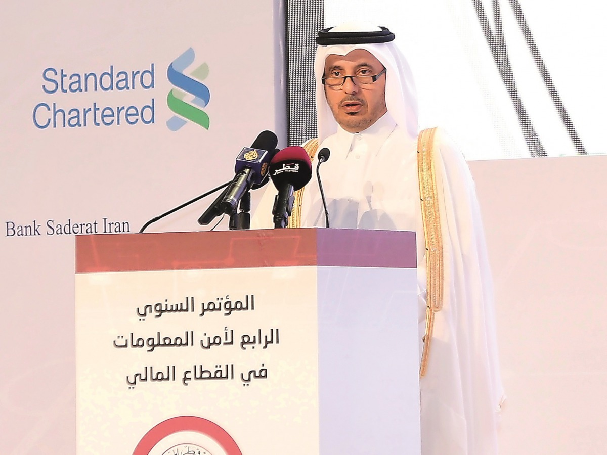 Prime Minister and Interior Minister H E Sheikh Abdullah bin Nasser bin Khalifa Al Thani speaking at 4th Conference of Information Security in the Financial Institutions organised by Qatar Central Bank, at Sheraton Doha Hotel, yesterday.