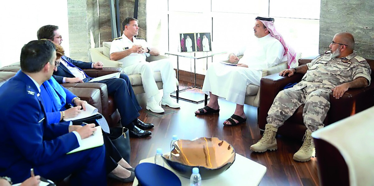 Minister of State for Defence Affairs H E Dr Khalid bin Mohamed Al Attiyah with Vice Adm. John Aquilino, commander of the US Naval Forces Central Command and the US Fifth Fleet, along with other officials.