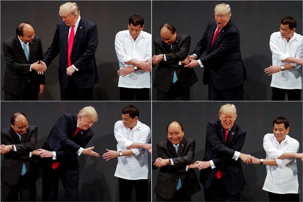 A combination photo of US President Donald Trump registers his surprise as he realizes other leaders, including Vietnam's Prime Minister Nguyen Xuan Phuc and President of the Philippines Rodrigo Duterte, are crossing their arms for the traditional 