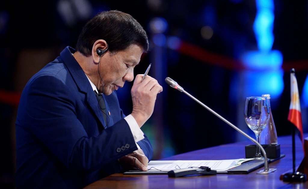 An image of Philippine President Rodrigo Duterte addressing the 20th Association of Southeast Asian Nations (ASEAN) Plus Three (APT) Commemorative Summit on the sideline of the 31st Association of Southeast Asian Nations (ASEAN) Summit in Manila on Novemb