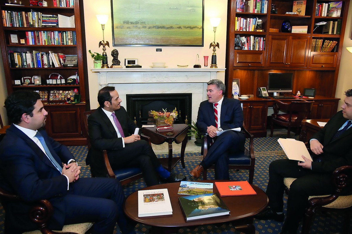 Deputy Prime Minister and Foreign Minister H E Sheikh Mohamed bin Abdulrahman Al Thani with members of the US Senate in Washington yesterday.
