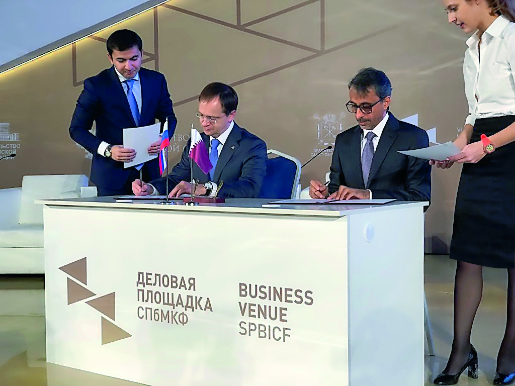 Minister of Culture and Sports H E Salah bin Ghanem Al Ali signing a joint declaration for cooperation with his Russian counterpart Vladimir Medinsky, on preparation for the Year of Culture Qatar – Russia 2018. 