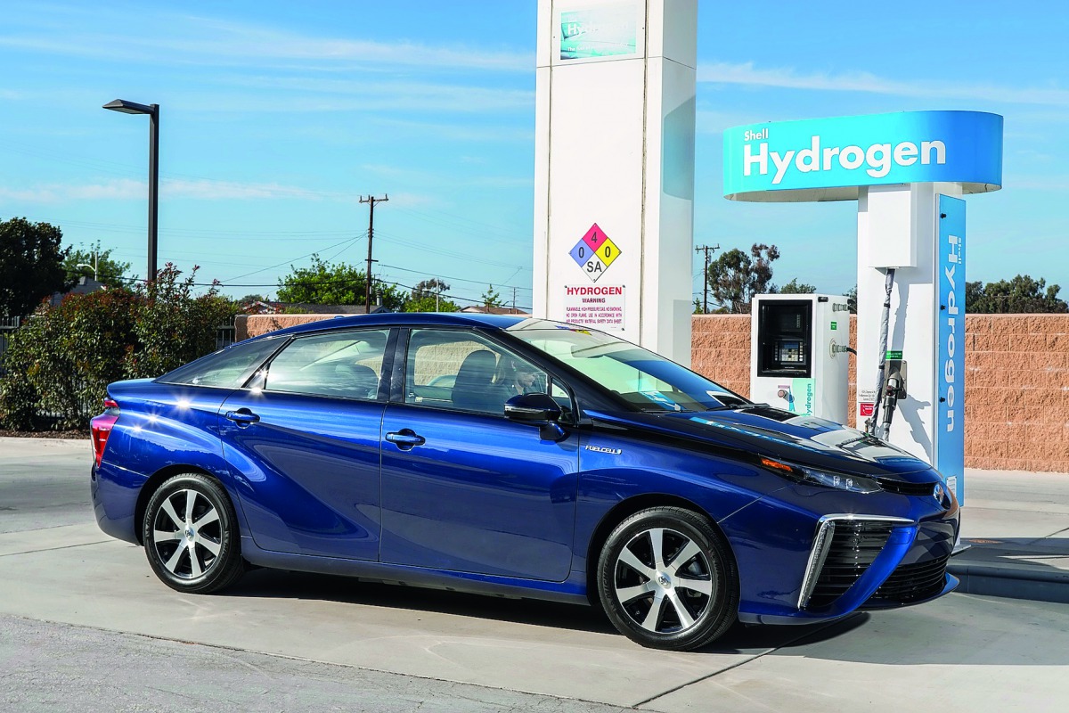 Toyota Mirai, hydrogen powered vehicle, being refuelled.