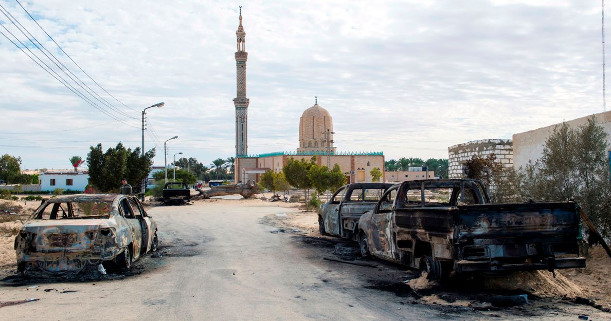 A picture taken on November 25, 2017, shows the Rawda mosque, roughly 40 kilometres west of the North Sinai capital of El-Arish, after a gun and bombing attack. AFP
