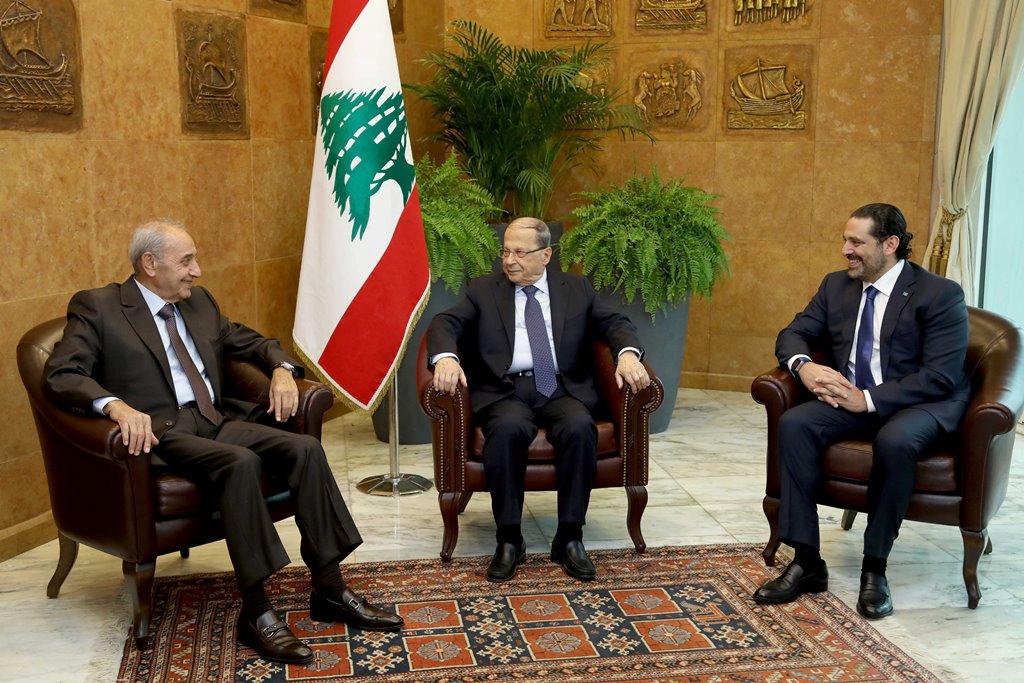 Lebanese President Michel Aoun meets with Prime Minister Saad al-Hariri, and Lebanese Parliament Speaker Nabih Berri at the presidential palace in Baabda, Lebanon November 27, 2017. Dalati Nohra/Handout via REUTERS 
