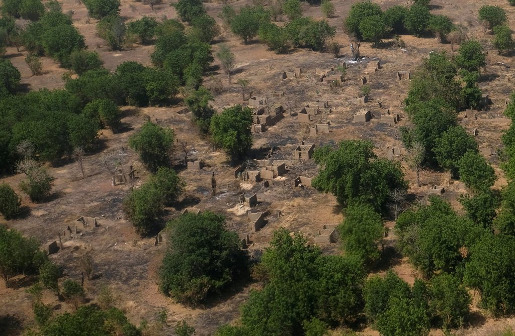 An aerial view of buildings standing on scorched ground that have been destroyed in the conflict with Boko Haram in the Bama region of Borno state, Nigeria November 23, 2017. Picture taken November 23, 2017. REUTERS/Paul Carsten