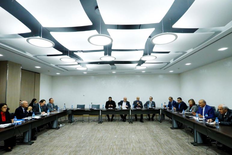 Members of the delegation of the Syrian Negotiation Commission (SNC) attend a meeting with United Nations Deputy Special Envoy for Syria Ramzy Ezzeldin Ramzy during the Intra Syria talks in Geneva, Switzerland December 1, 2017. REUTERS/Denis Balibouse