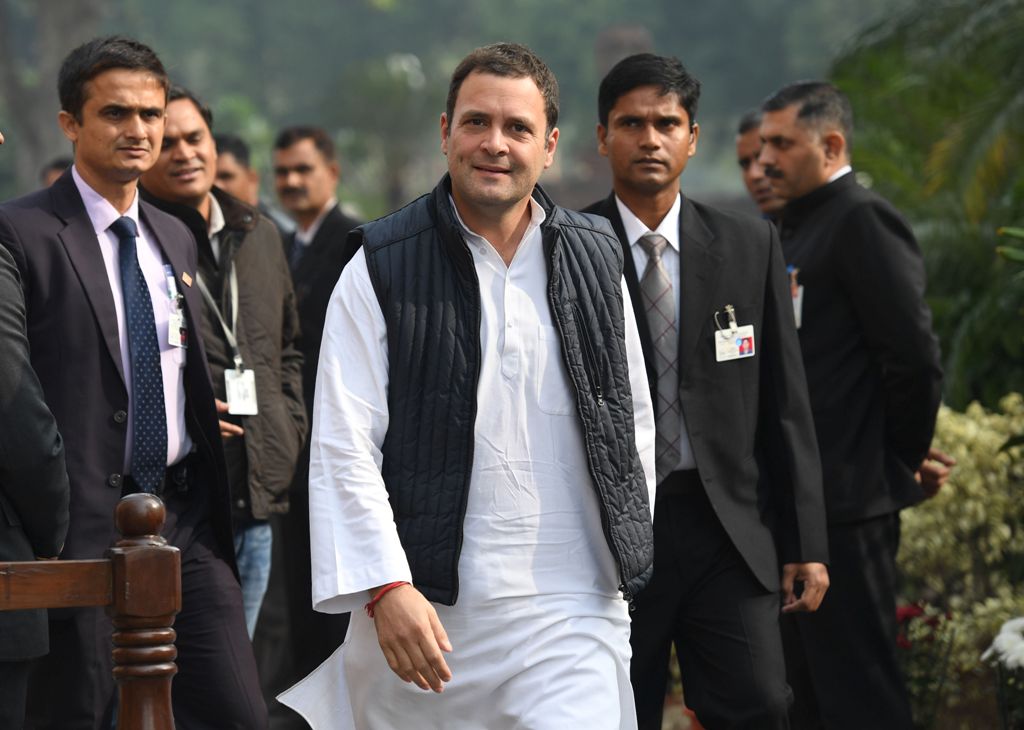 Indian Congress Party President-elect Rahul Gandhi arrives to pay homage during a remembrance ceremony for the 2001 attack on Parliament at Parliament House in New Delhi on December 13, 2017./ AFP.