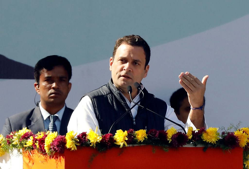 Rahul Gandhi, newly elected president of India's main opposition Congress party, addresses his supporters after taking charge as the president during a ceremony at the party's headquarters in New Delhi, India, December 16, 2017. (REUTERS/Altaf Hussain)