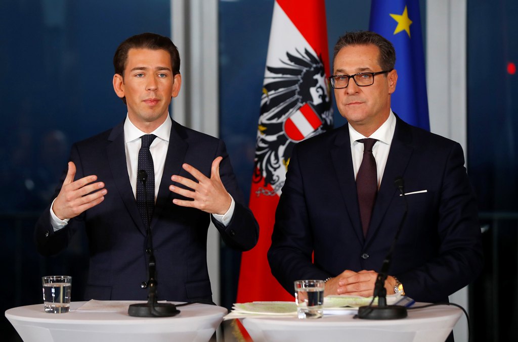 Head of the People's Party (OeVP) Sebastian Kurz (L) and head of the Freedom Party (FPOe) Heinz-Christian Strache address a news conference in Vienna, Austria, December 16, 2017. REUTERS/Leonhard Foeger