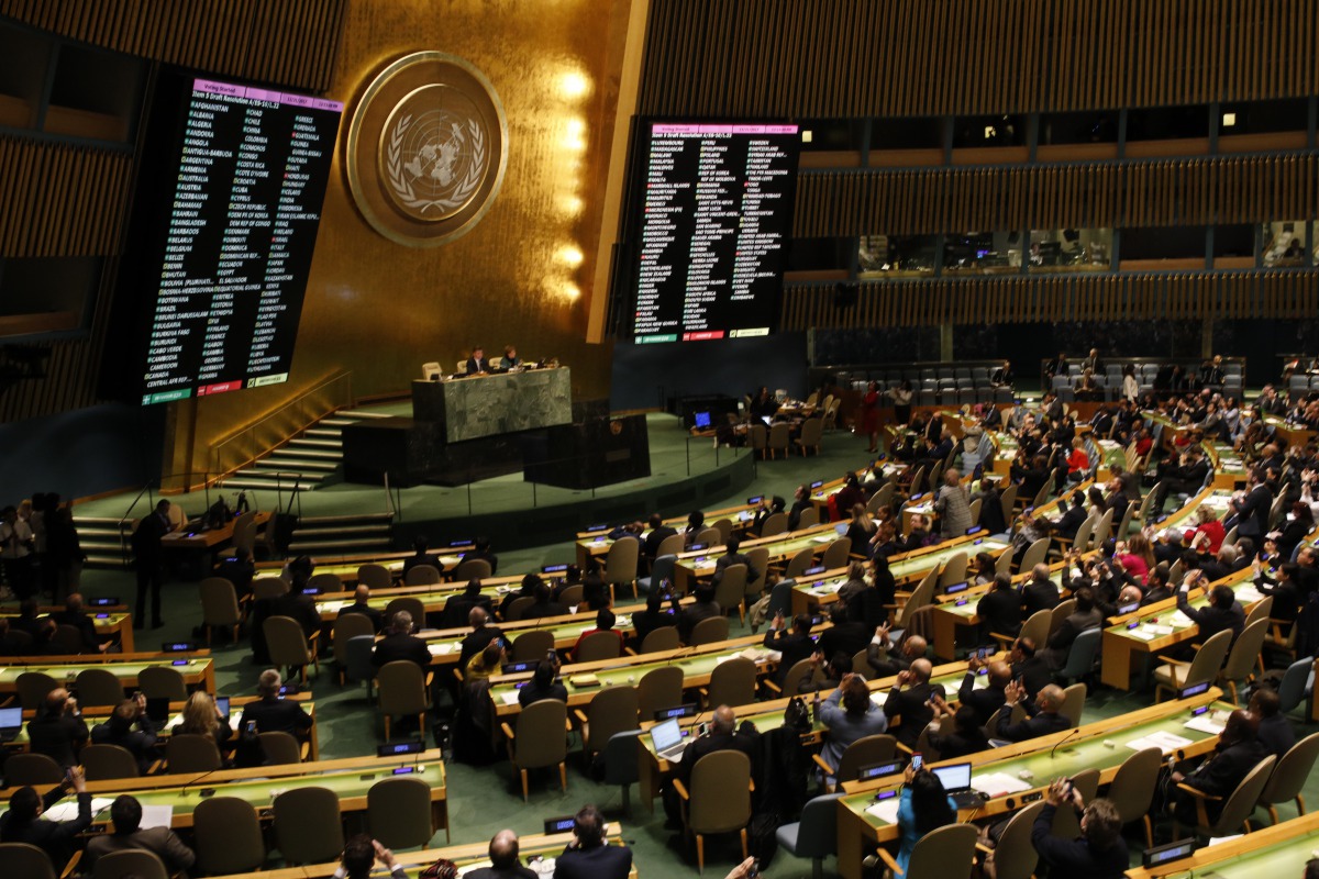 he voting results are displayed on a screen during the emergency special session over Jerusalem held by UN General Assembly in New York, United States on December 21, 2017. (At?lgan Özdil - Anadolu Agency )