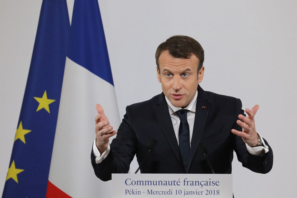 French President Emmanuel Macron delivers a speech to the French community at the country's embassy in Beijing on January 10, 2018. Macron is on the final day of his visit to the Chinese capital. / AFP / Ludovic MARIN