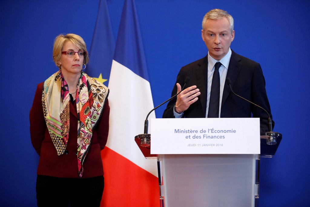 French Finance Minister Bruno Le Maire (R) speaks during a news conference about Lactalis baby milk contamination scandal next to Virginie Beaumeunier, head of the Competition Policy, Consumer Affairs and Fraud Control Agency (DGCCRF), at the Bercy Financ