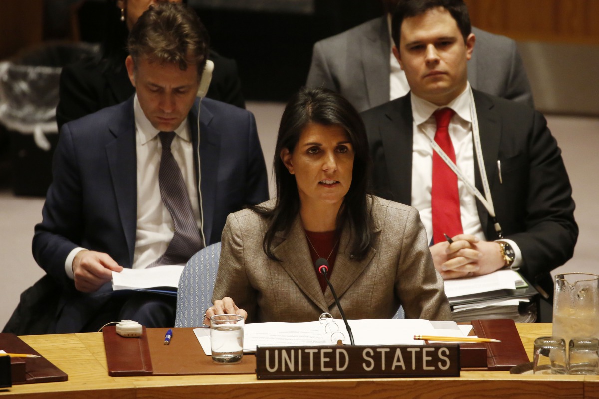 Permanent Representative of the United States to the UN Nikki Haley speaks during a UN Security Council meeting that discussed chemical weapons in Syria at the United Nations headquarters in New York, United States on January 23, 2018. (Mohammed Elshamy -