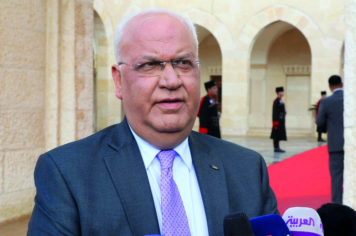 Saeb Erakat, the secretary general of the Palestine Liberation Organization (PLO), talks to the media after a meeting between the Palestinian Authority president and the Jordanian king at the Royal Palace in Amman on January 29, 2018. AFP / Khalil Mazraaw