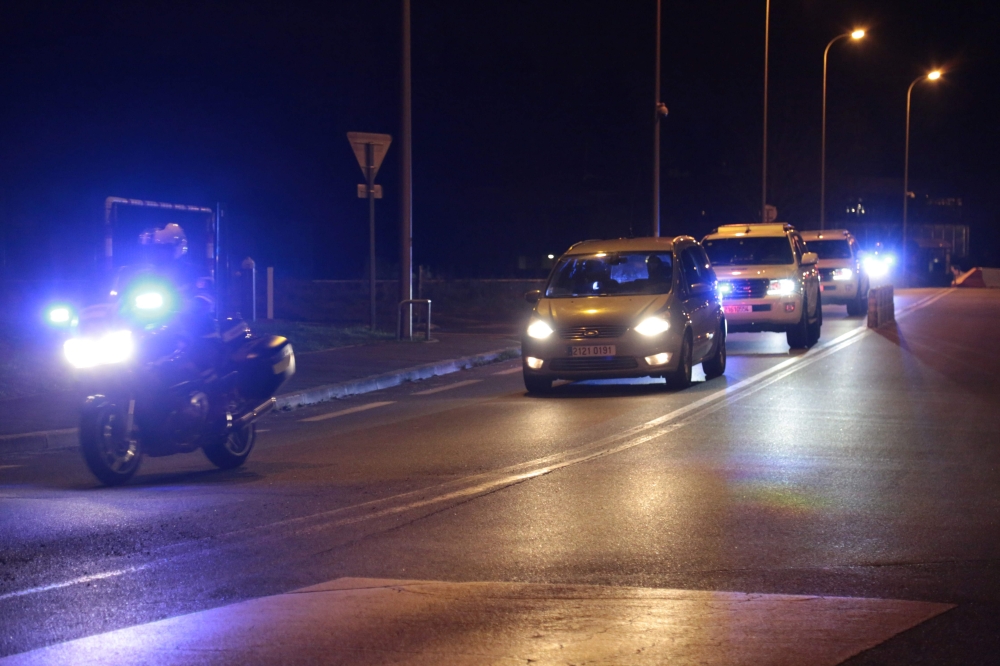French police officers escort a convoy understood to be transporting Salah Abdeslam, the prime suspect in the November 2015 Paris attacks, from Fleury-Merogis prison in the southern suburbs of Paris, to the 