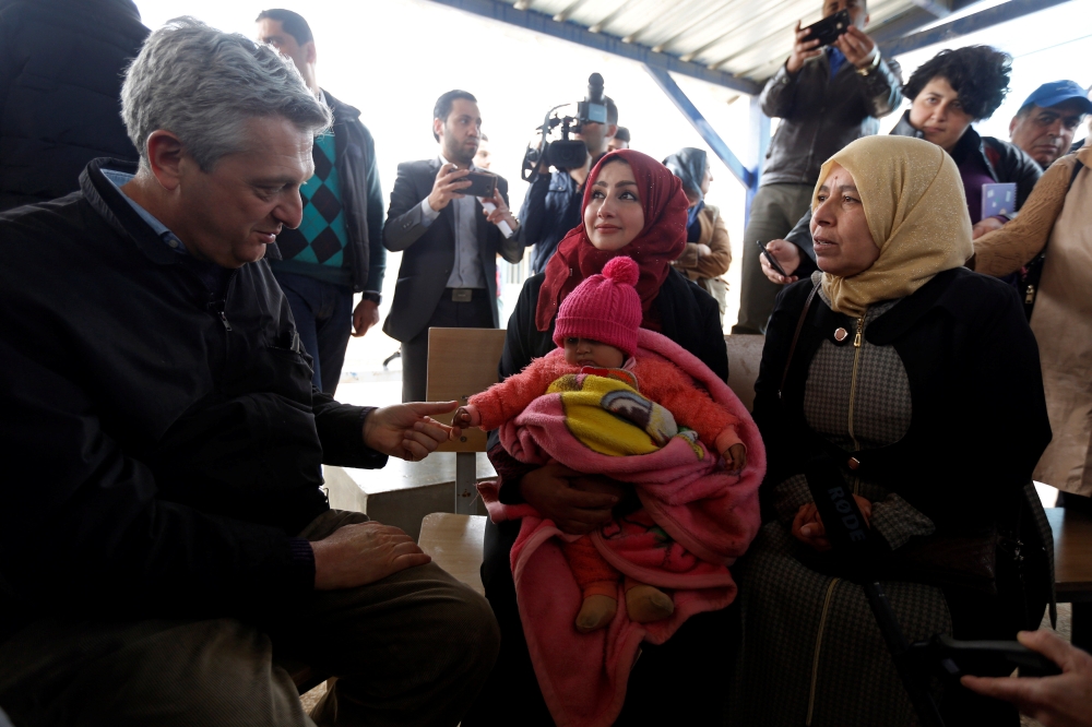 UN High Commissioner for Refugees Filippo Grandi, speaks to the Syrian refugees during his visit to Al Zaatari refugee camp, in the Jordanian city of Mafraq, near the border with Syria, February 12, 2018. Reuters/Muhammad Hamed