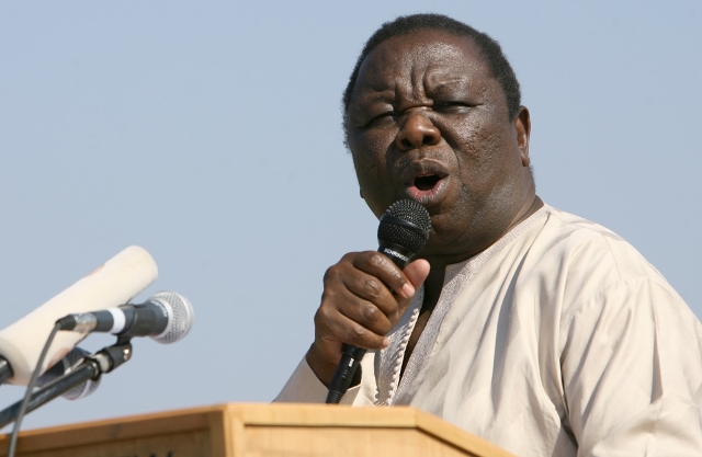 The then Zimbabwean Prime Minister Morgan Tsvangirai and leader of the Movement for Democratic Change (MDC) addresses supporters at a rally at the White City stadium in Bulawayo to celebrate his opposition party's 10th anniversary on September 13, 2009. A