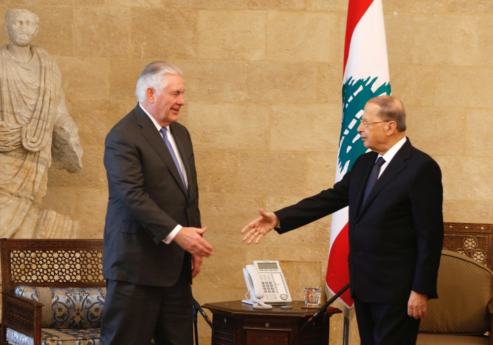 Lebanon's President Michel Aoun meets with US Secretary of State Rex Tillerson at the presidential palace in Baabda, Lebanon February 15, 2018. REUTERS/Mohamed Azakir