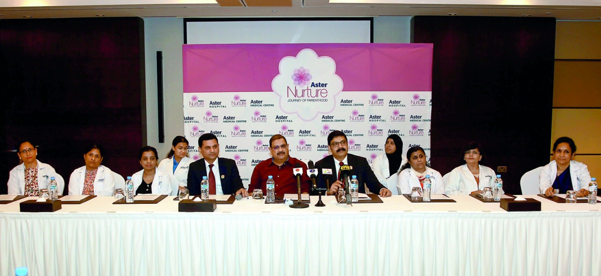 Dr Sameer Moopan, Chief Executive Officer, Aster DMH Qatar (fourth right, front row), Dr Nazar Moopan, Medical Director and Chief of Medical Staff (centre, front row) and Kapil Chib, Chief Operating Officer, Aster Hospital Qatar, with other doctors during