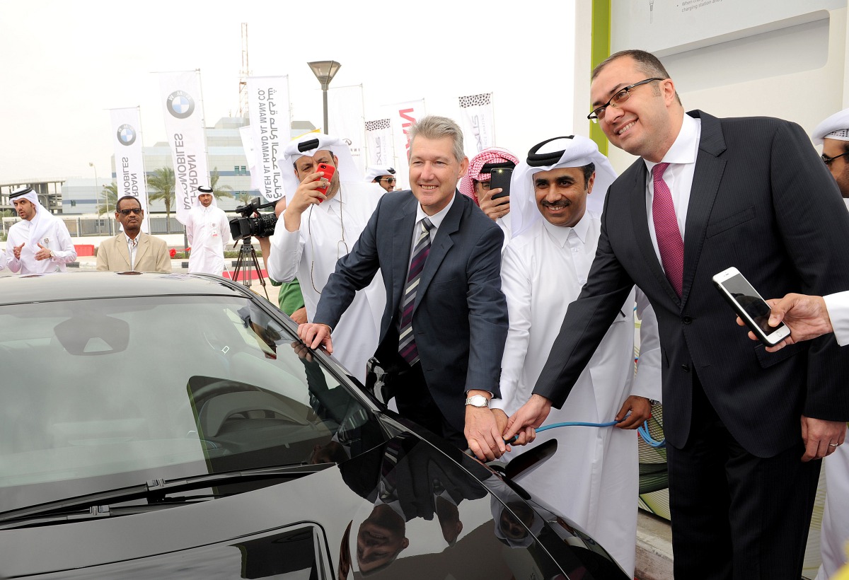 Eng Issa bin Hilal Al Kuwari (second right), Adrian Wood (third right) and other officials launching the first electric car charging station at the Kahramaa Awareness Park yesterday. Pic: Salim Matramkot/The Peninsula
