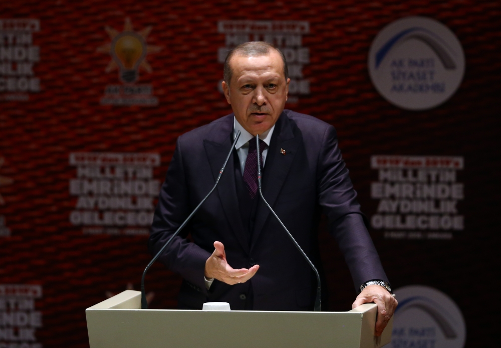 President of Turkey and the leader of the Justice and Development Party (AK Party) Recep Tayyip Erdogan makes a speech during the inauguration of ruling Justice and Development (AK) Party's Politics Academy in Ankara, Turkey on March 09, 2018. Halil Sa??r