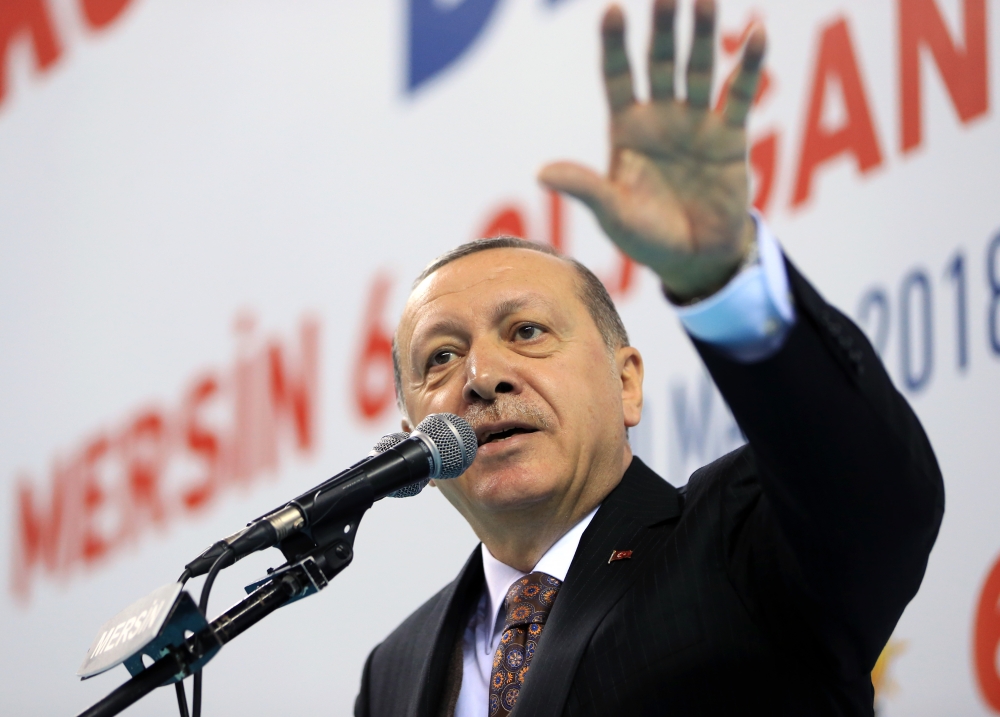President of Turkey and the leader of the Justice and Development Party (AK Party) Recep Tayyip Erdogan makes a speech during AK Party's 6th Ordinary Provincial Congress in Mersin, Turkey on March 10, 2018.  Anadolu
