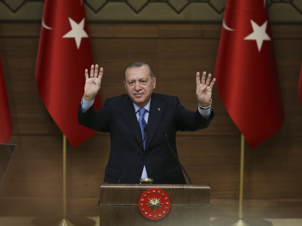 President of Turkey Recep Tayyip Erdogan delivers a speech during the 46th Mukhtars Meeting at Presidential Complex in Ankara, Turkey on March 14, 2018. Murat Kula - Anadolu 
