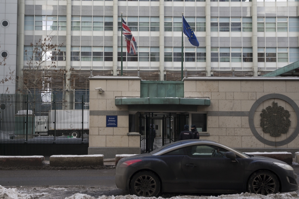 An outside view of The British embassy is seen in the background in Moscow, Russia on March 16, 2018. Britain has expelled 23 Russian diplomats in a standoff with Russia over the 