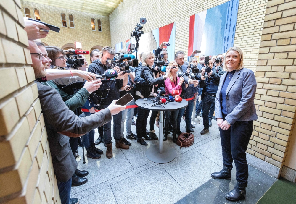 Picture taken on March 15, 2018 shows Norwegian Minister of Justice and Public Security Sylvi Listhaug speaking to the media at the Norwegian Parliament in Oslo, Norway. Norway OUT / AFP / NTB Scanpix / Gorm KALLESTAD