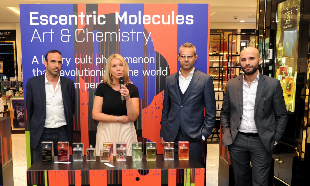 Nicki Dennis (second left), International Director Escentric Molecules, with Karim Makhlouf, (left) regional distributor of Escentric Molecules, Rami Santina (second right), Operation Manager Gulf Beauty International and Abdessamad Ferg, Area Supervisor,