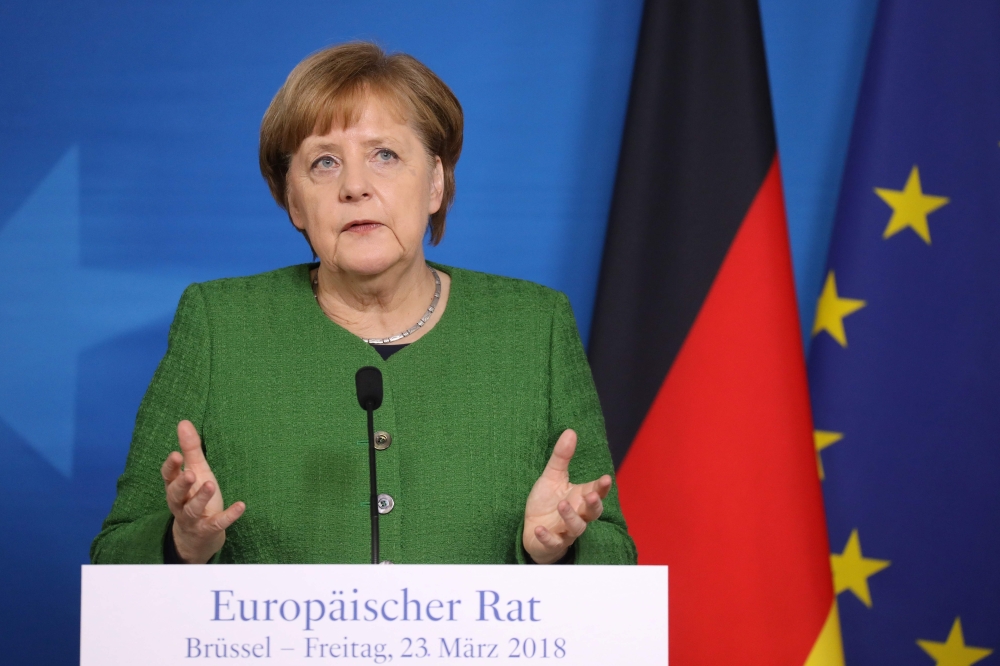 (FILES) In this file photo taken on March 23, 2018 Germany's Chancellor Angela Merkel speaks during a joint press conference with French president on the second day of a summit of European Union (EU) leaders in Brussels.  AFP / Ludovic MARIN
