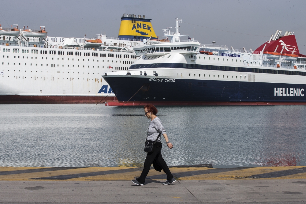 Ferries remain anchored at Port of Piraeus during a 24-hour strike after the call of Panhellenic Seamen’s Federation (PNO) against the proposed law which allows non-EU flagged ships to use opening domestic sea transport in Athens, Greece on April 18, 2018